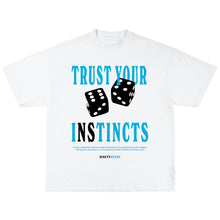 Load image into Gallery viewer, Blue/White &quot;INSTINCTS&quot; Tee
